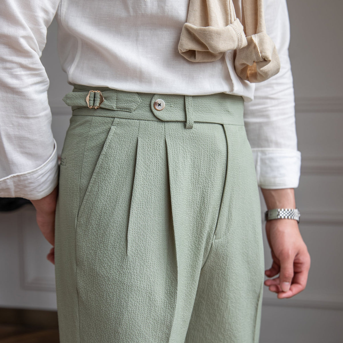 Men's Dress Pants - Pleated High Waist Side Buckle Tab Tapered