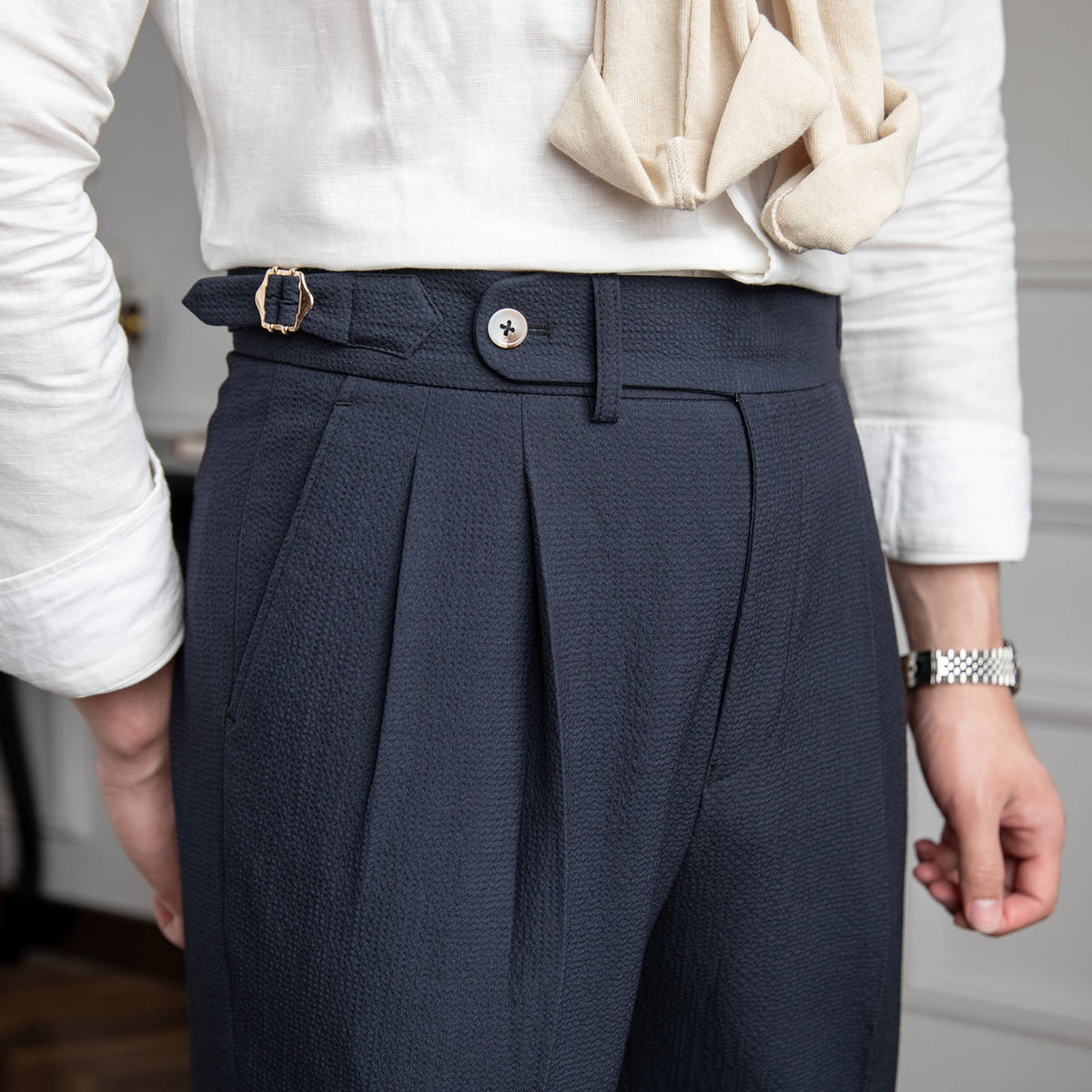 Men's Dress Pants - Pleated High Waist Side Buckle Tab Tapered