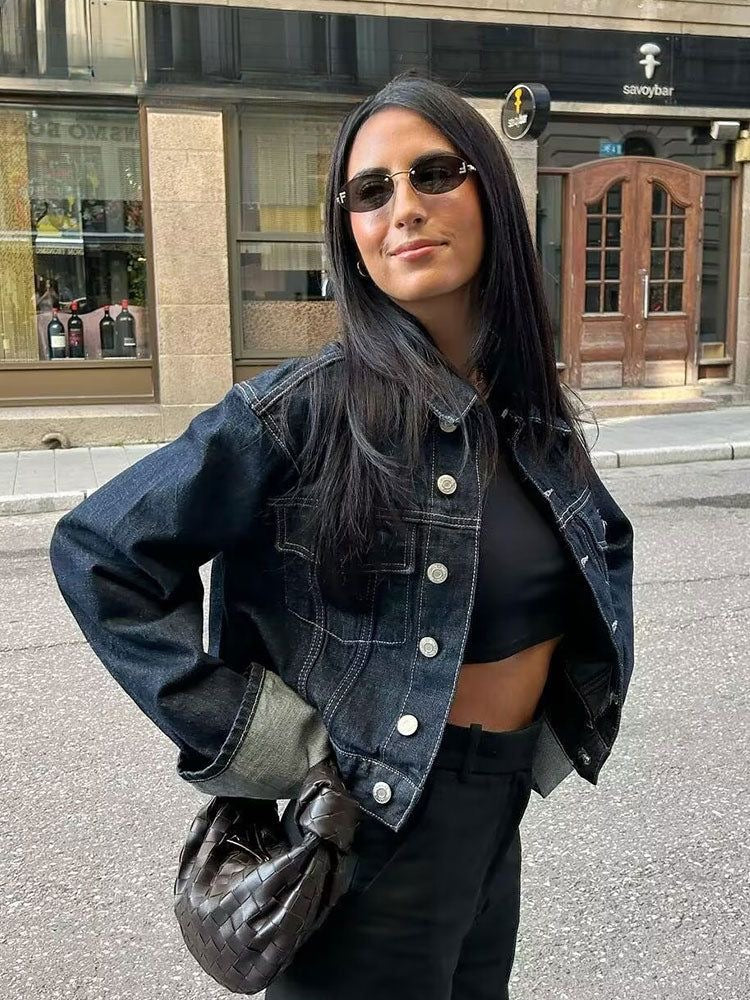 Women's Denim Two Piece Set - Cropped Jacket and Wide Leg Pants with Cuff Detail