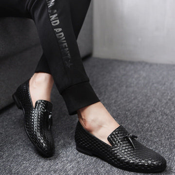 Men’s Leather Slip On Loafers with Woven Texture and Tassel Detail