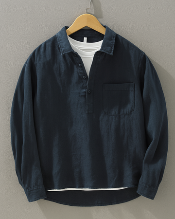 Men's Linen Long Sleeve Shirt - Pullover Spread Collar Chest Pocket