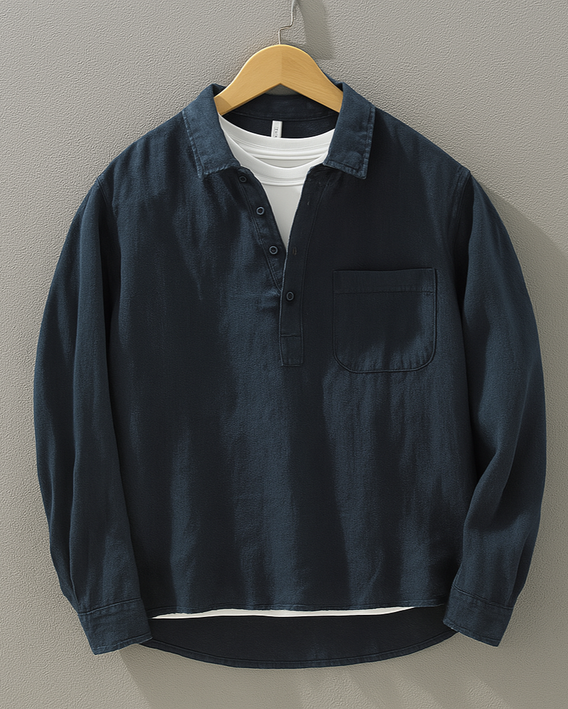 Men's Linen Long Sleeve Shirt - Pullover Spread Collar Chest Pocket