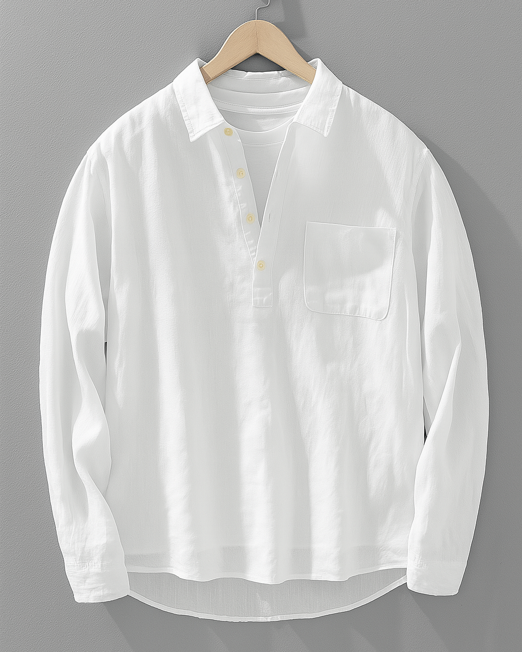 Men's Linen Long Sleeve Shirt - Pullover Spread Collar Chest Pocket