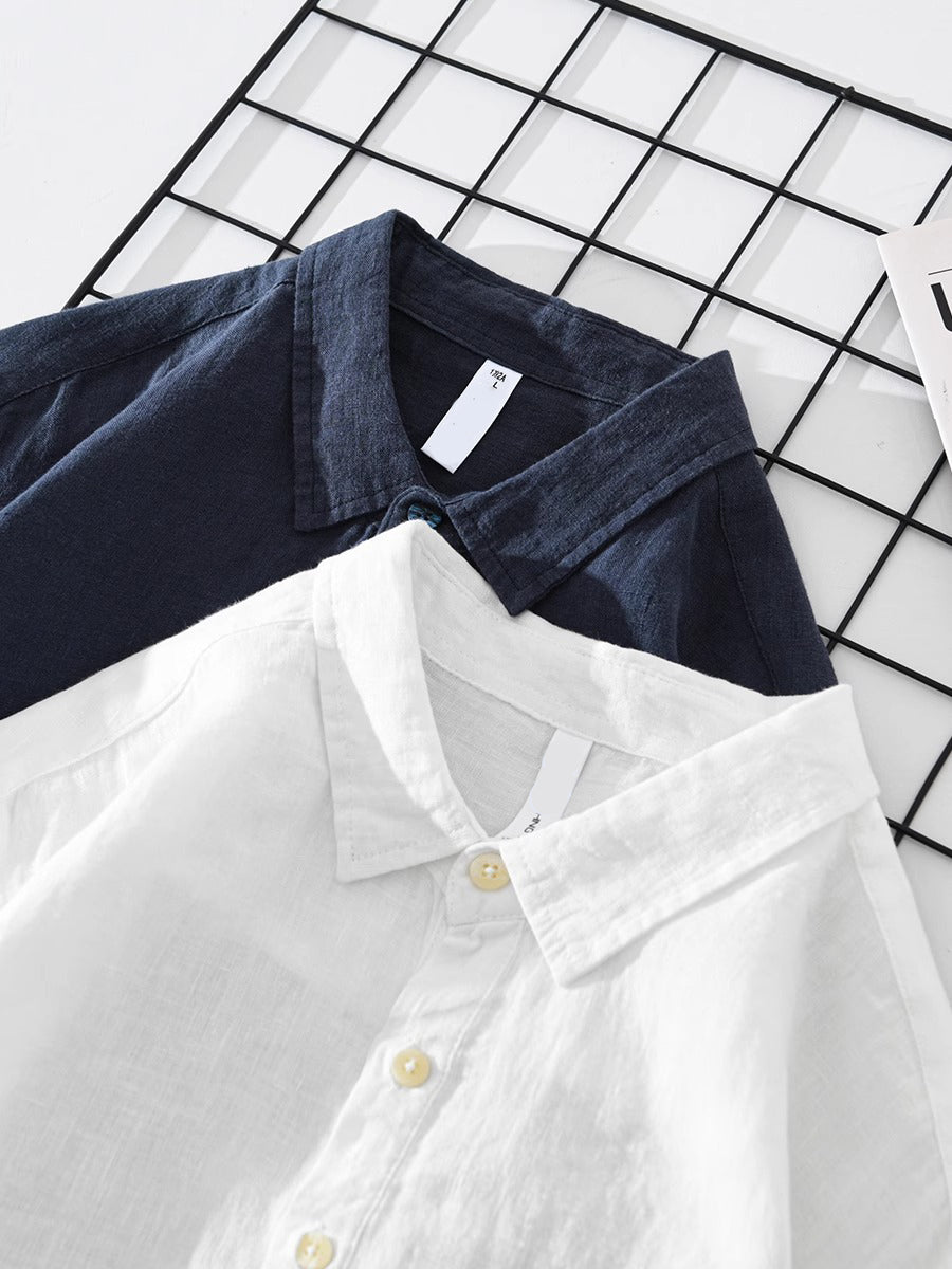 Men's Linen Long Sleeve Shirt - Pullover Spread Collar Chest Pocket