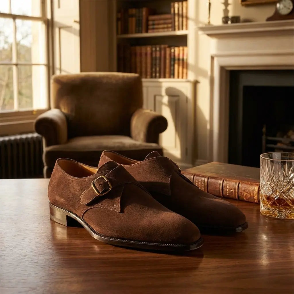 Men's Suede Monk Strap Shoes - Pointed Toe - Low Block Heel