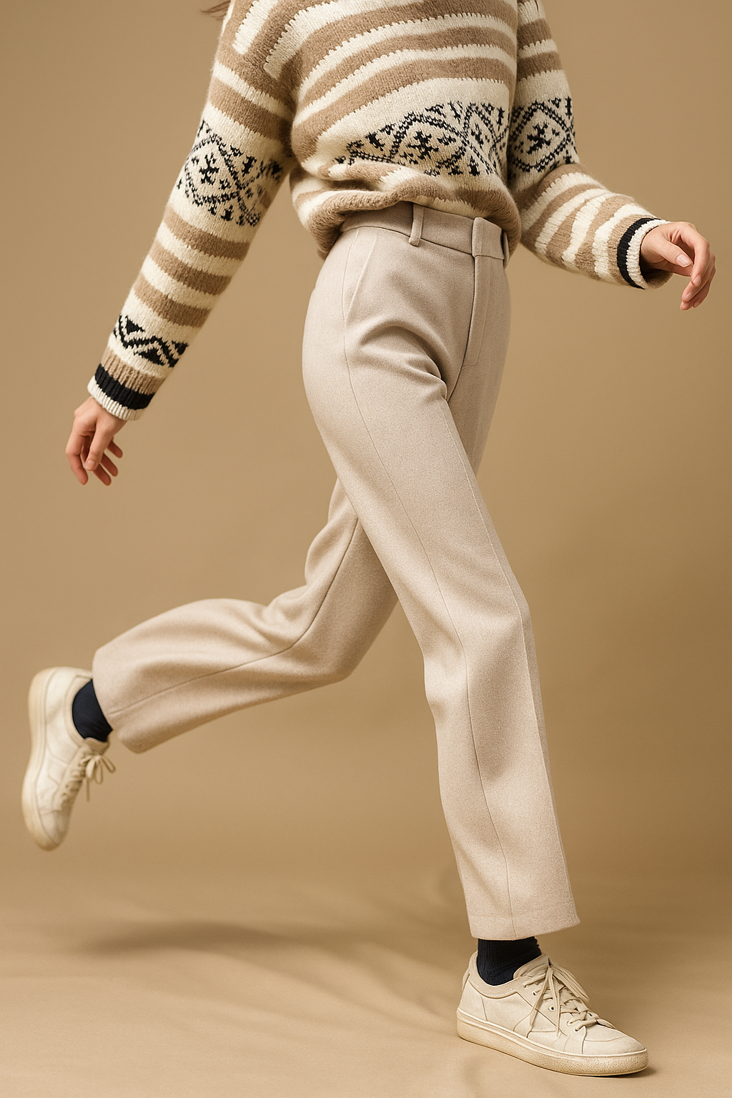 Women's High-Waisted Straight Leg Pants with Belt Loops and Front Seam Detail