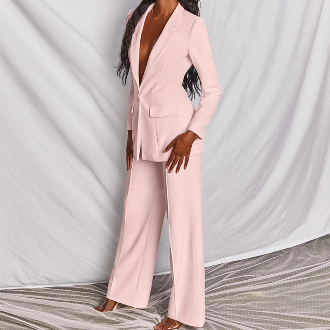 Women’s Trouser Suit – One-Button Blazer, Wide-Leg Pants