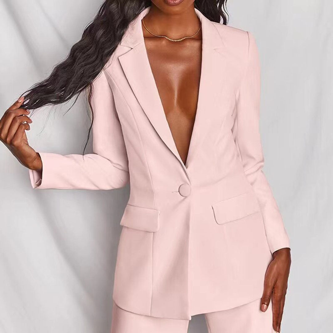 Women’s Trouser Suit – One-Button Blazer, Wide-Leg Pants