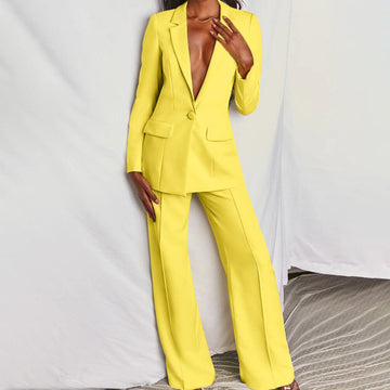 Women’s Trouser Suit – One-Button Blazer, Wide-Leg Pants