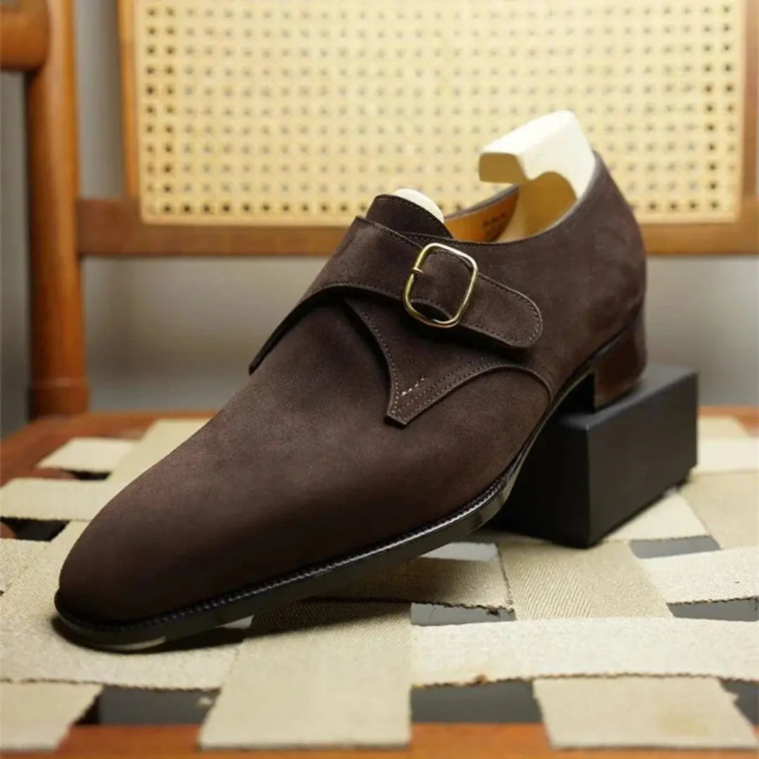 Men's Suede Monk Strap Shoes - Pointed Toe - Low Block Heel