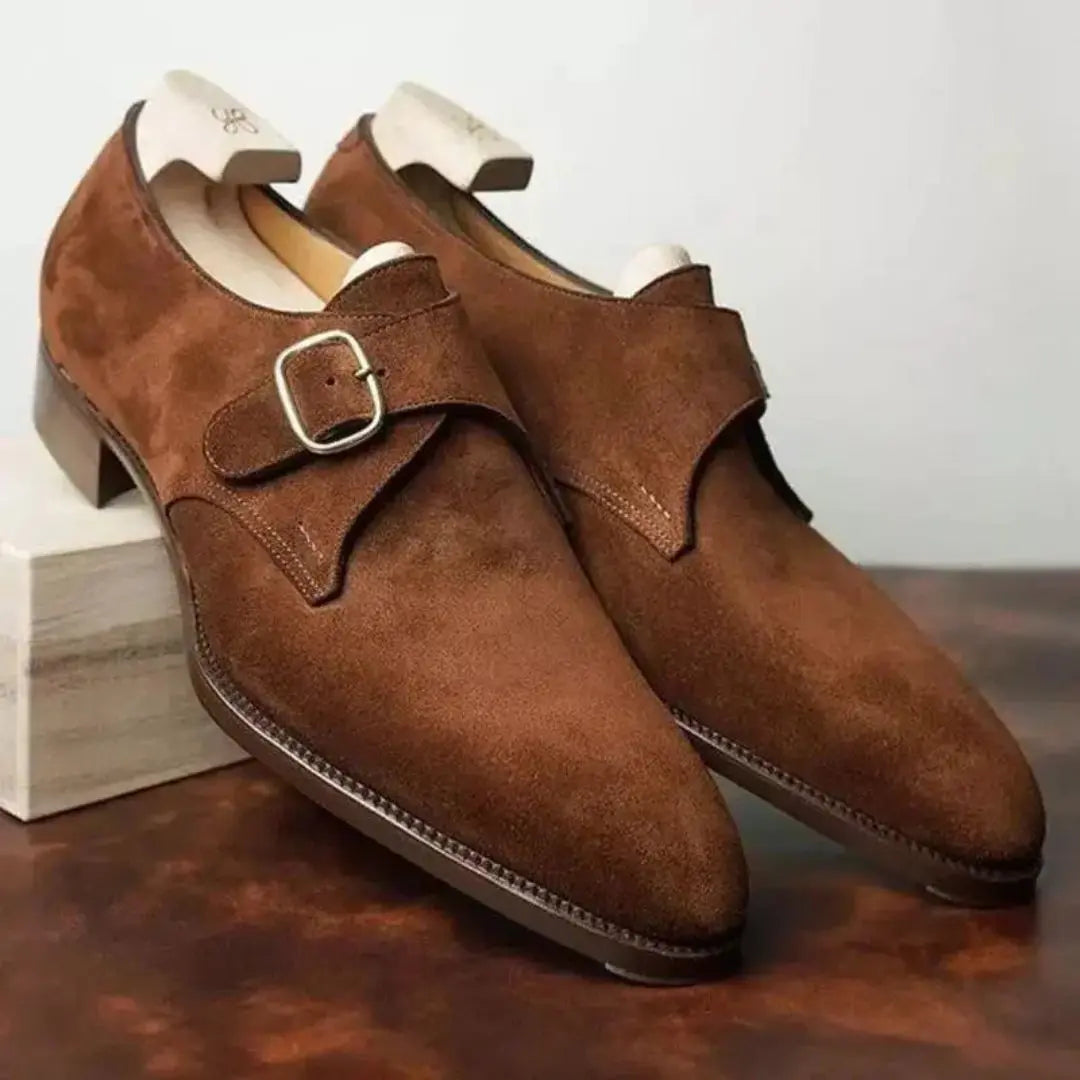 Men's Suede Monk Strap Shoes - Pointed Toe - Low Block Heel