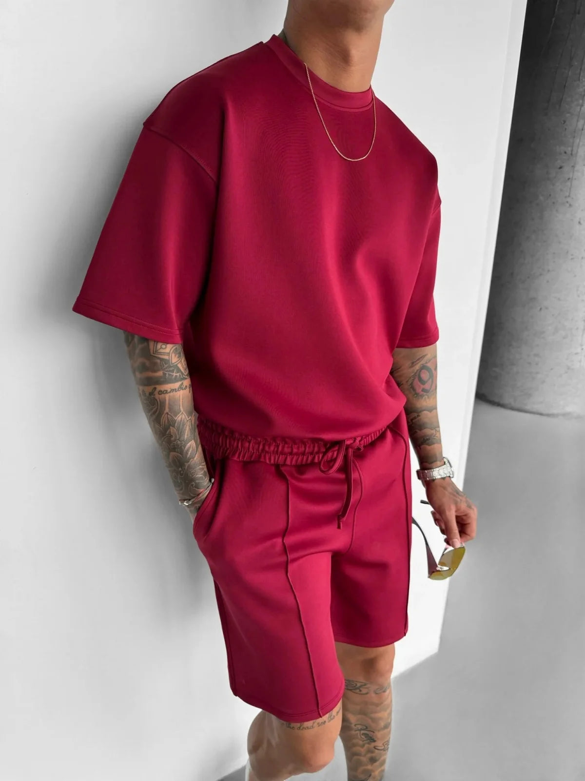 Men's Oversized Short Sleeve Set - Drawstring Shorts - Crew Neck