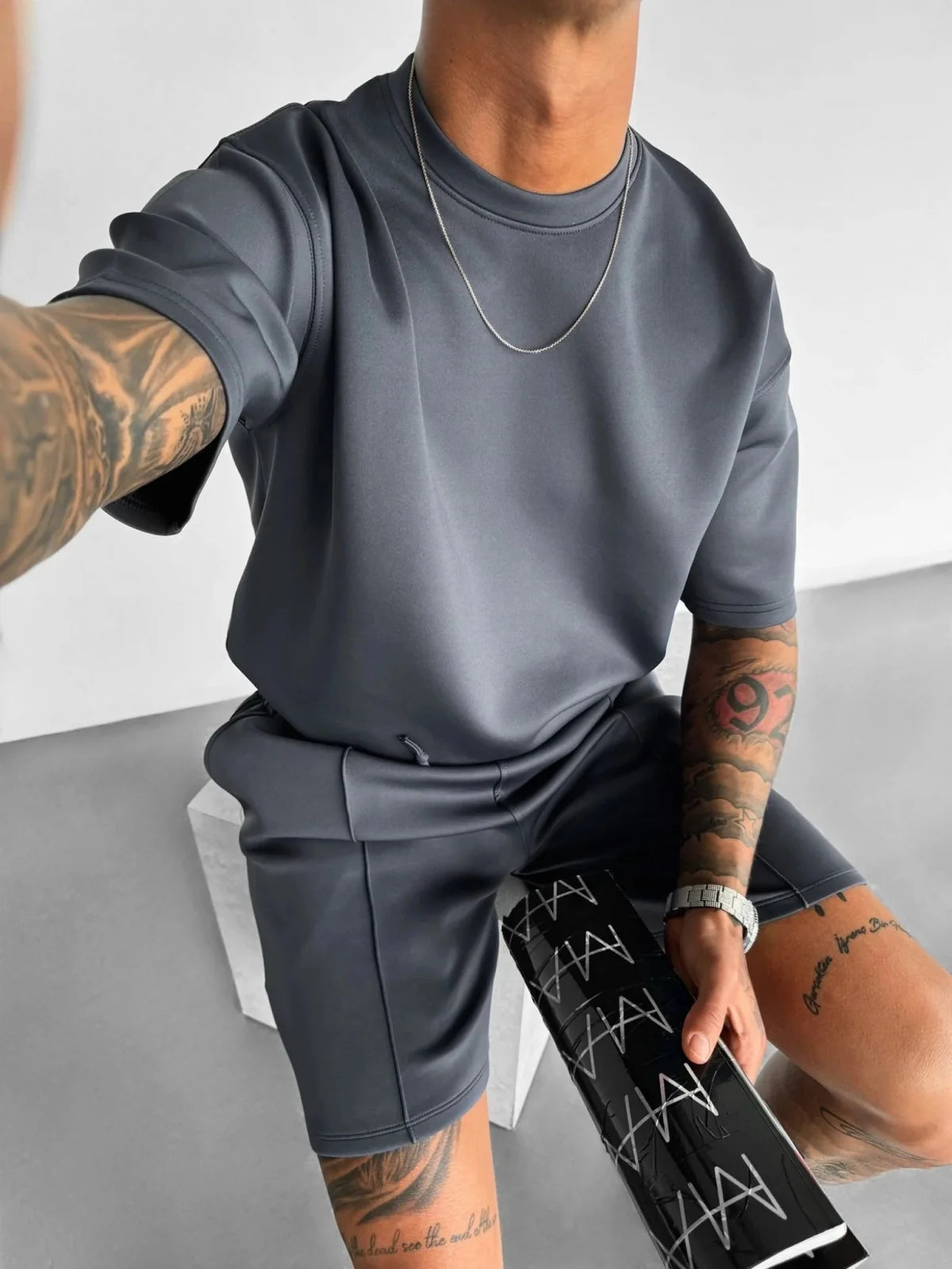 Men's Oversized Short Sleeve Set - Drawstring Shorts - Crew Neck