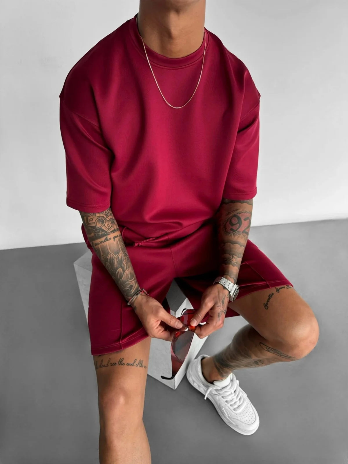 Men's Oversized Short Sleeve Set - Drawstring Shorts - Crew Neck