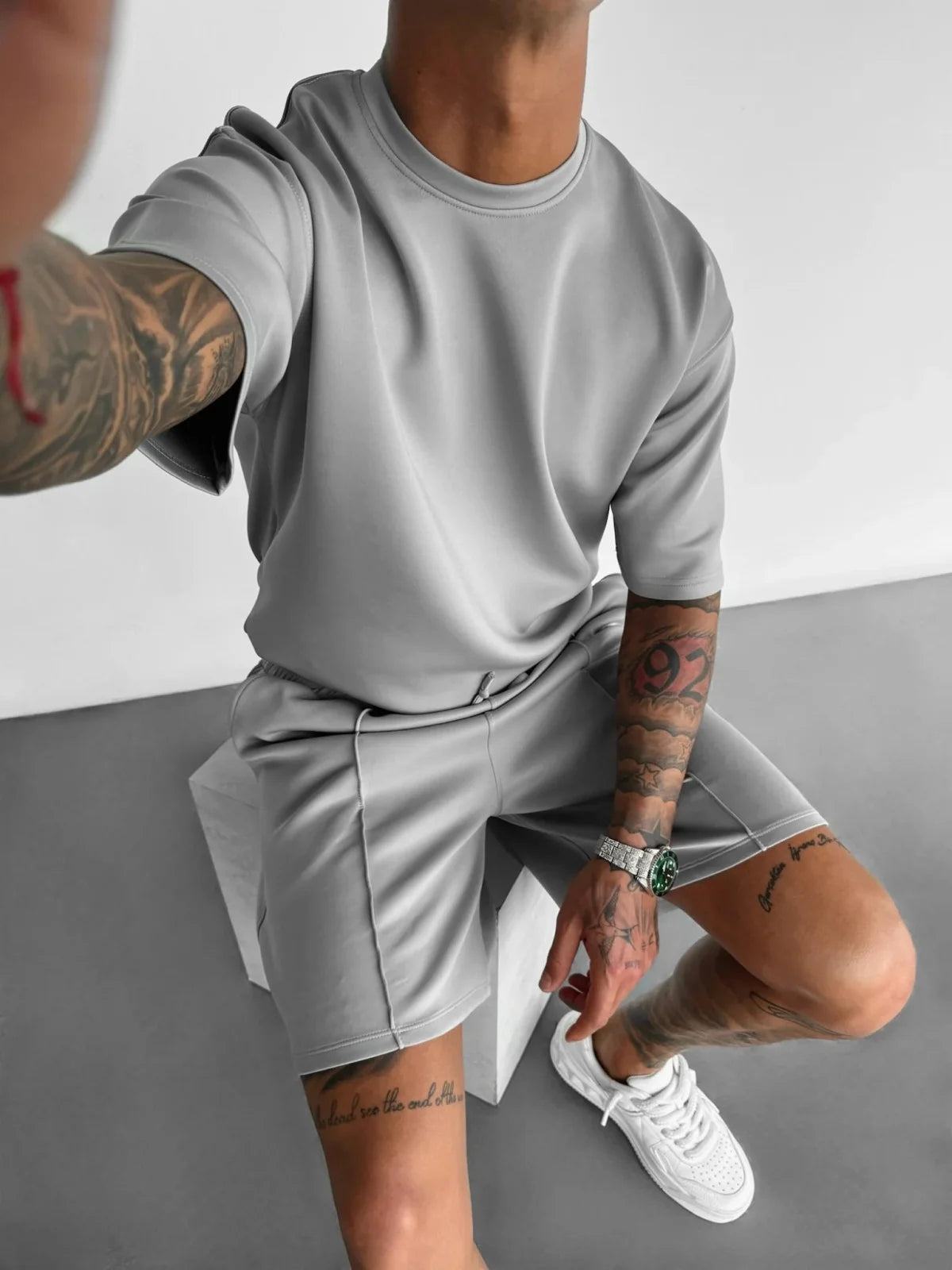 Men's Oversized Short Sleeve Set - Drawstring Shorts - Crew Neck