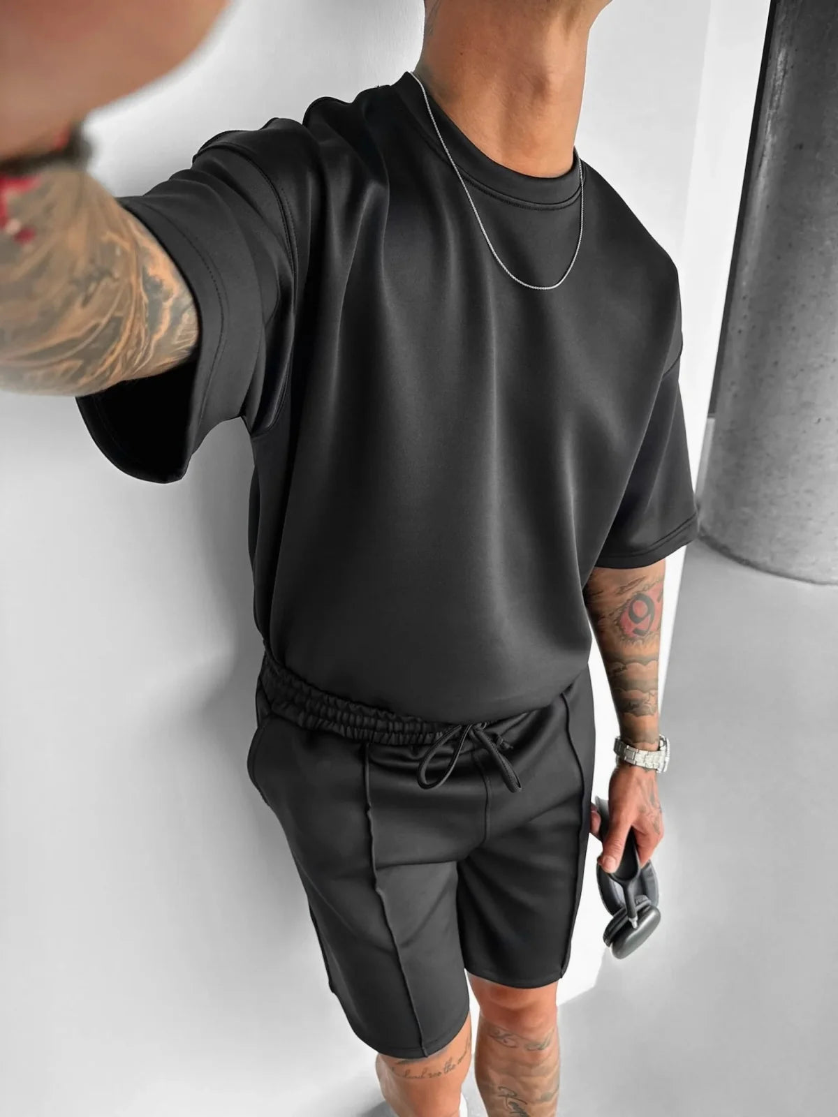 Men's Oversized Short Sleeve Set - Drawstring Shorts - Crew Neck
