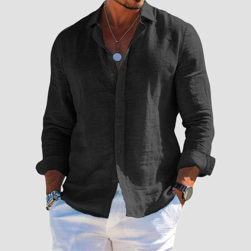 Men's Long Sleeve Linen Button-Down Shirt - Spread Collar