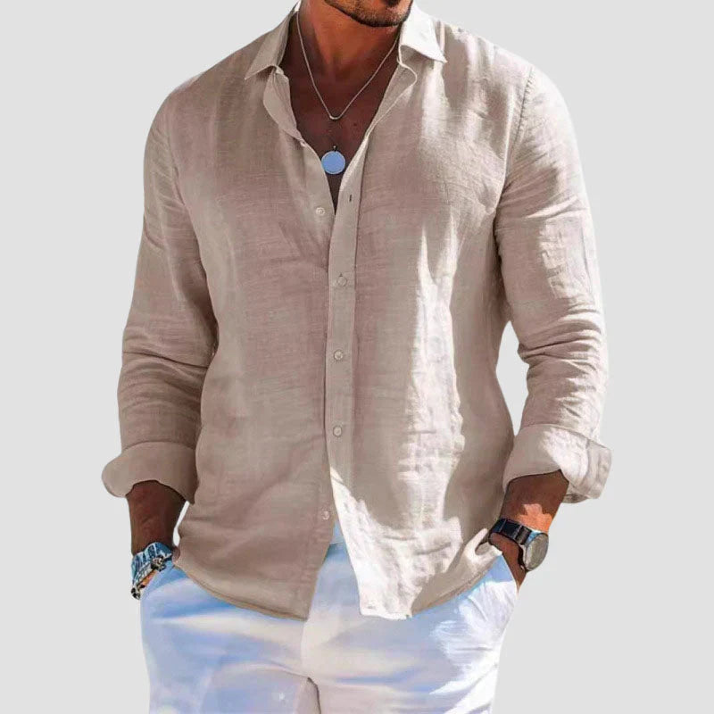Men's Long Sleeve Linen Button-Down Shirt - Spread Collar