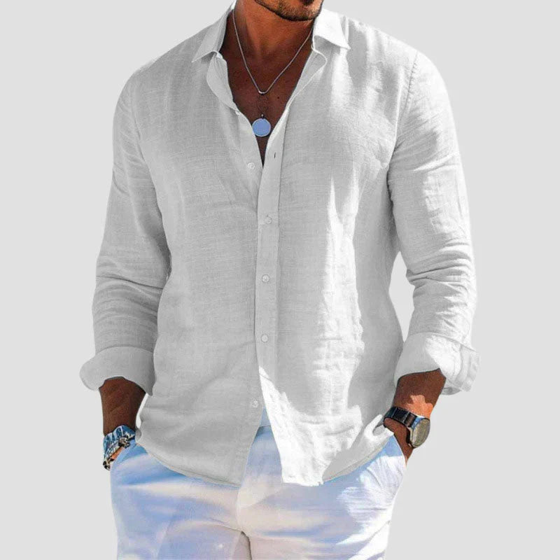 Men's Long Sleeve Linen Button-Down Shirt - Spread Collar