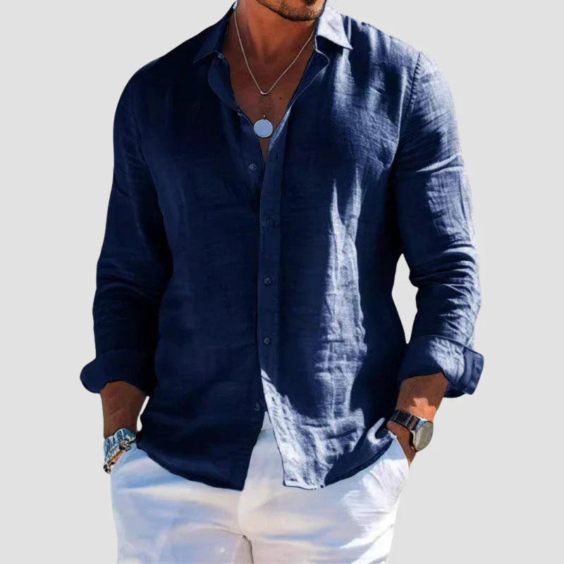 Men's Long Sleeve Linen Button-Down Shirt - Spread Collar
