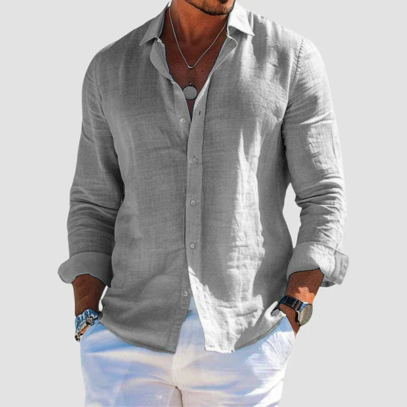 Men's Long Sleeve Linen Button-Down Shirt - Spread Collar