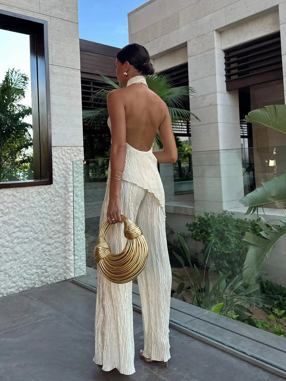 Women's Two Piece Set - Halter Neck Top and Wide-Leg Pants Crinkle