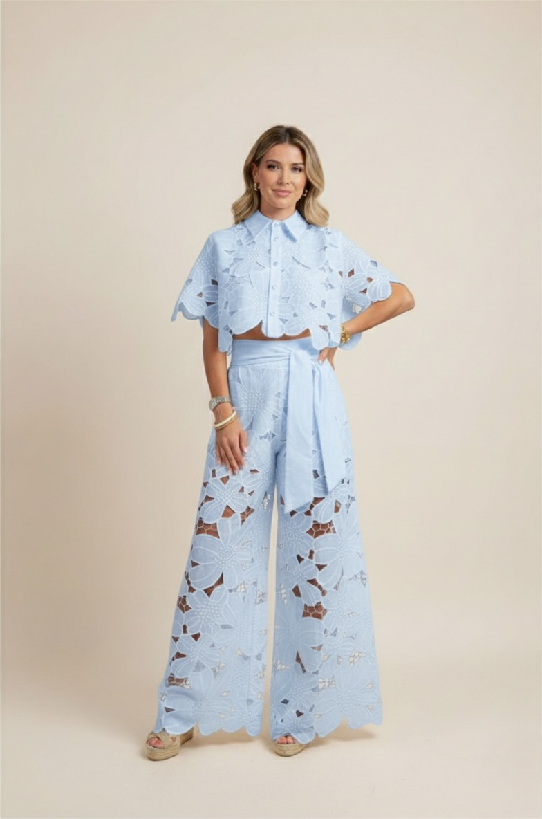 Women's Lace Two Piece Set - Crop Shirt and Wide Leg Pants