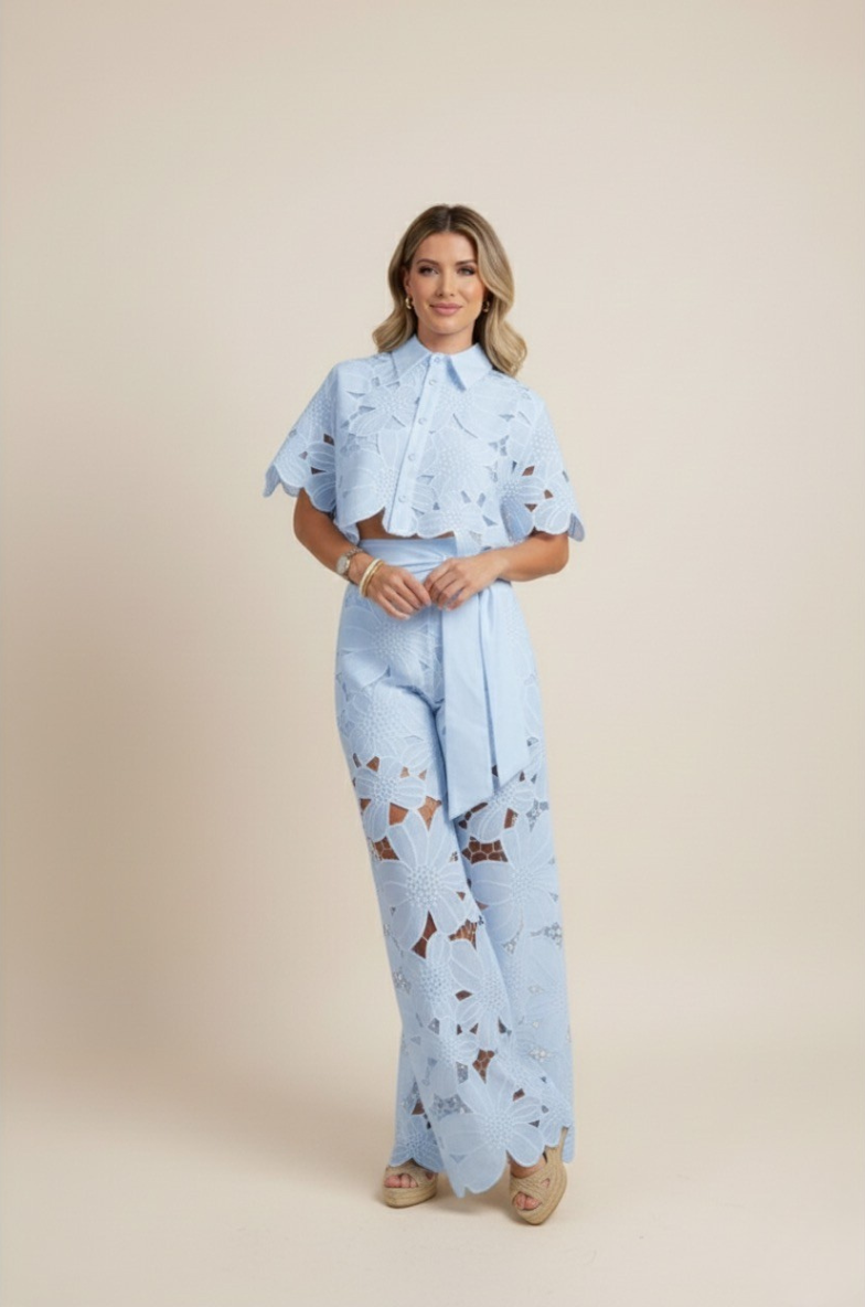 Women's Lace Two Piece Set - Crop Shirt and Wide Leg Pants