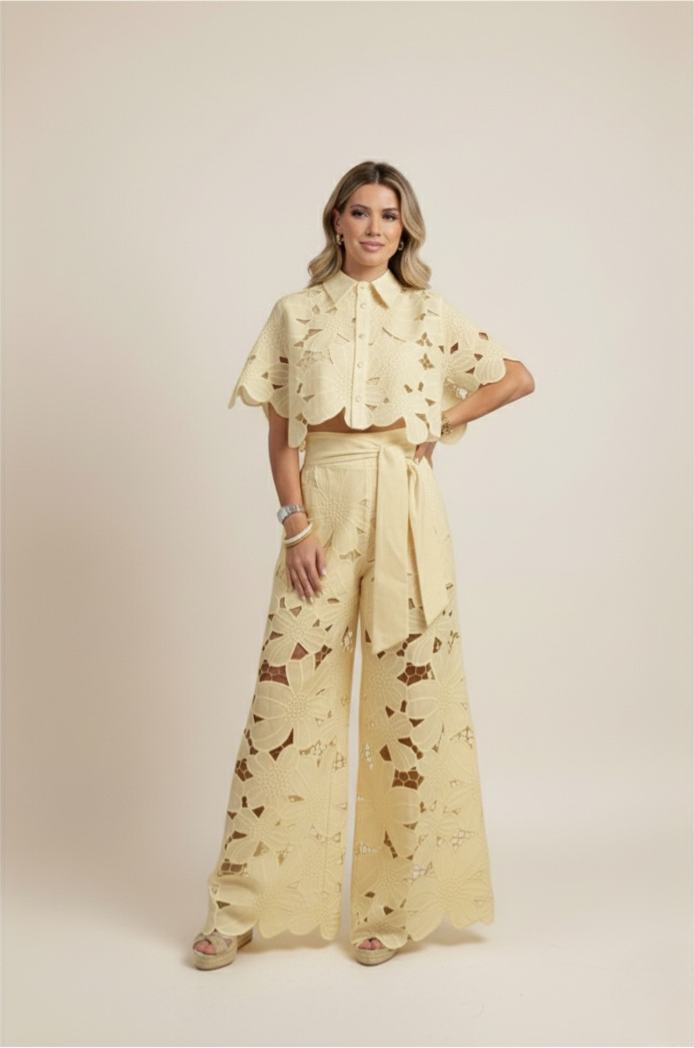 Women's Lace Two Piece Set - Crop Shirt and Wide Leg Pants