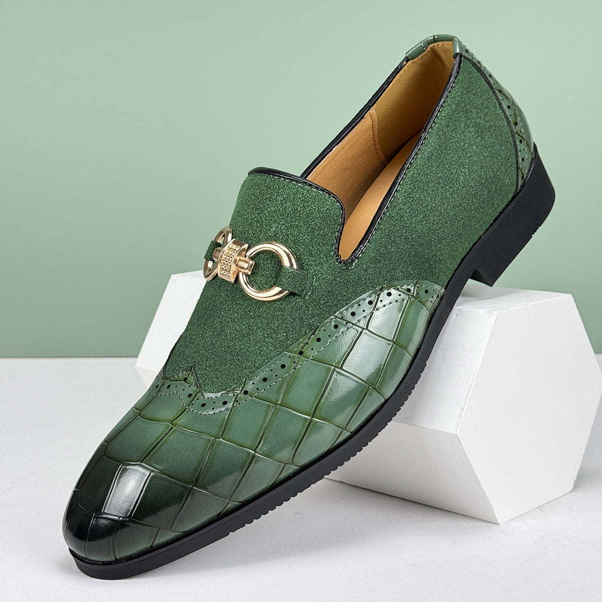 Men's Loafers - Slip On Dress Shoes with Brogue Detail - Metal Horsebit Buckle
