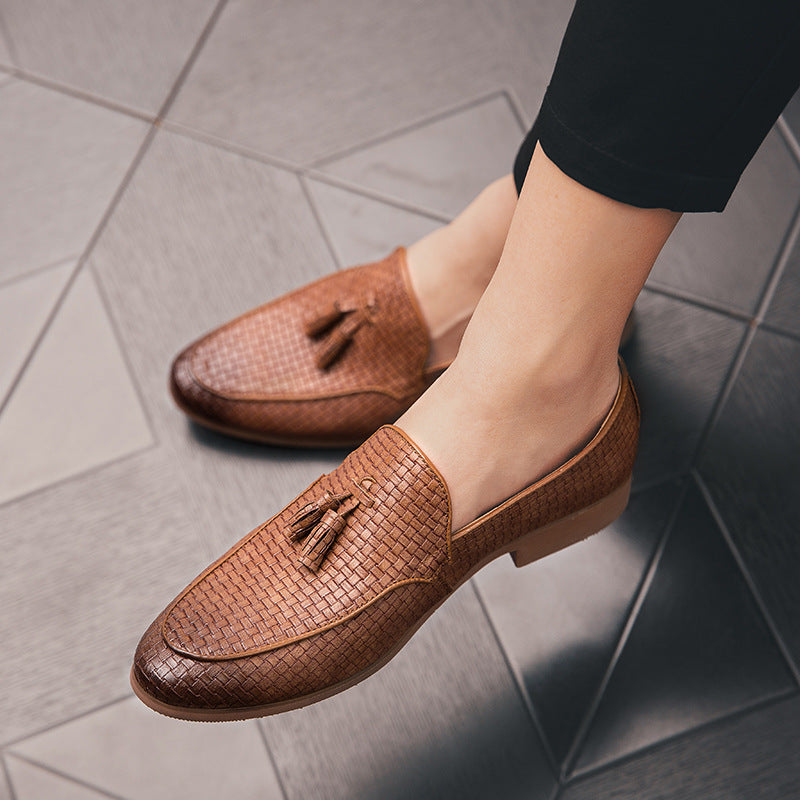 Men's Tassel Loafers - Slip-On Woven Embossed Upper with Pointed Toe and Low Heel