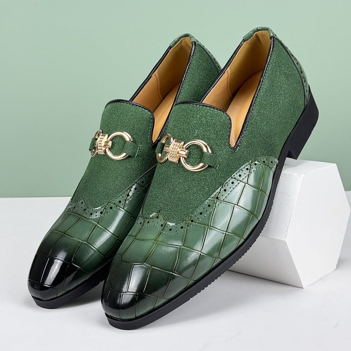 Men's Loafers - Slip On Dress Shoes with Brogue Detail - Metal Horsebit Buckle