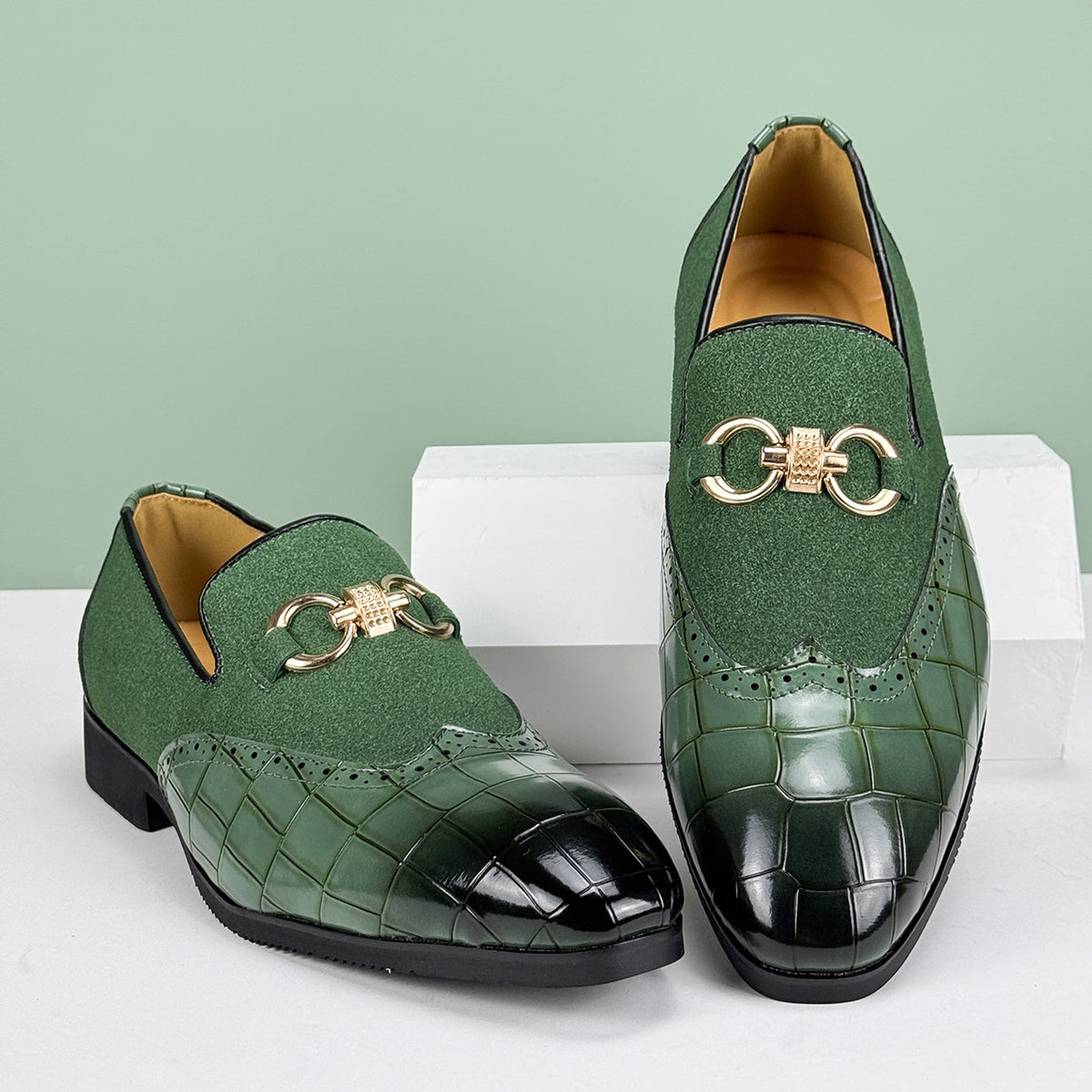 Men's Loafers - Slip On Dress Shoes with Brogue Detail - Metal Horsebit Buckle