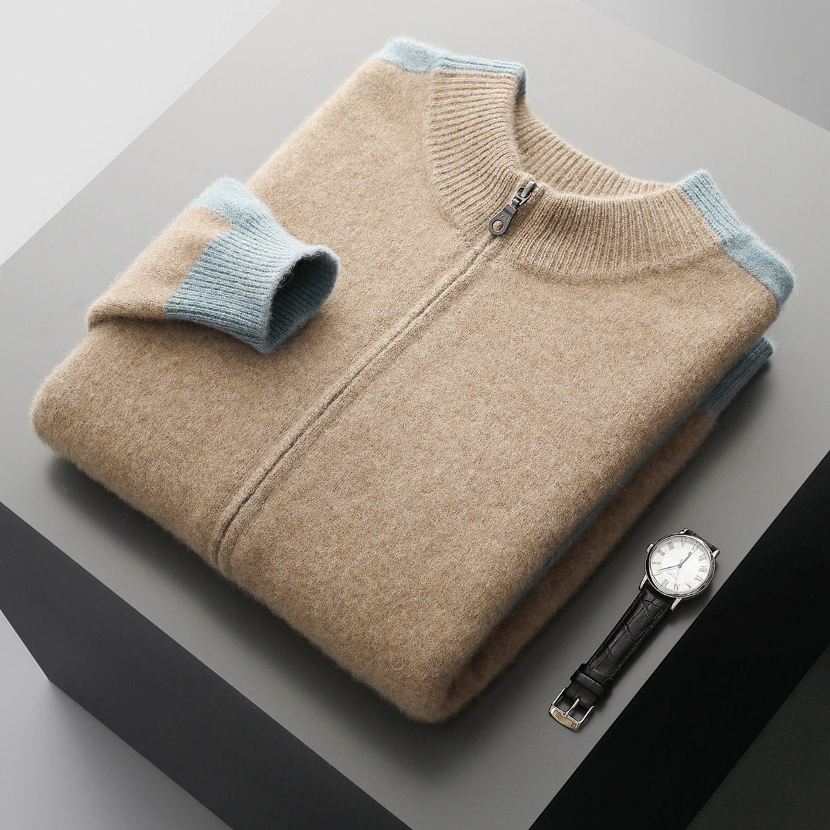 Men's Cardigan - Zip Up Knit Jumper with Colour Block Panels and Ribbed Cuffs