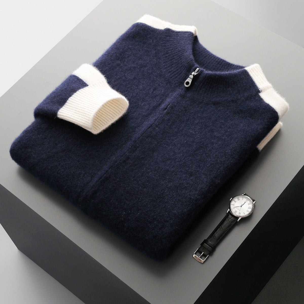 Men's Cardigan - Zip Up Knit Jumper with Colour Block Panels and Ribbed Cuffs