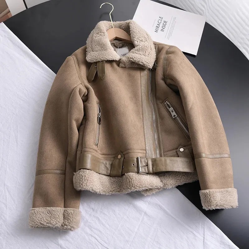 Women's Biker Jacket - Sherpa Lined with Asymmetric Zip - Lapel Collar and Waist Belt
