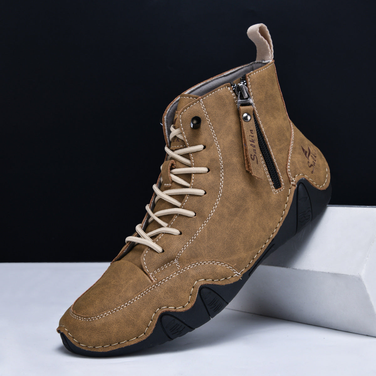 Men's Combat Boots - High Top Lace-Up with Side Zip