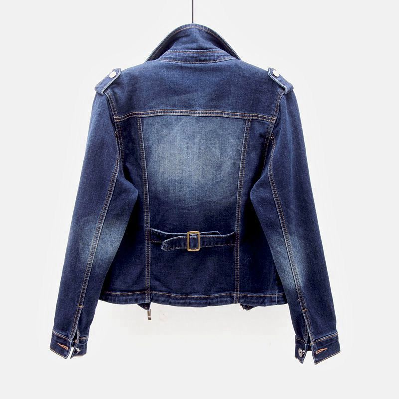 Women's Denim Jacket - Biker Style with Asymmetric Zip - Lapel Collar and Zip Pockets