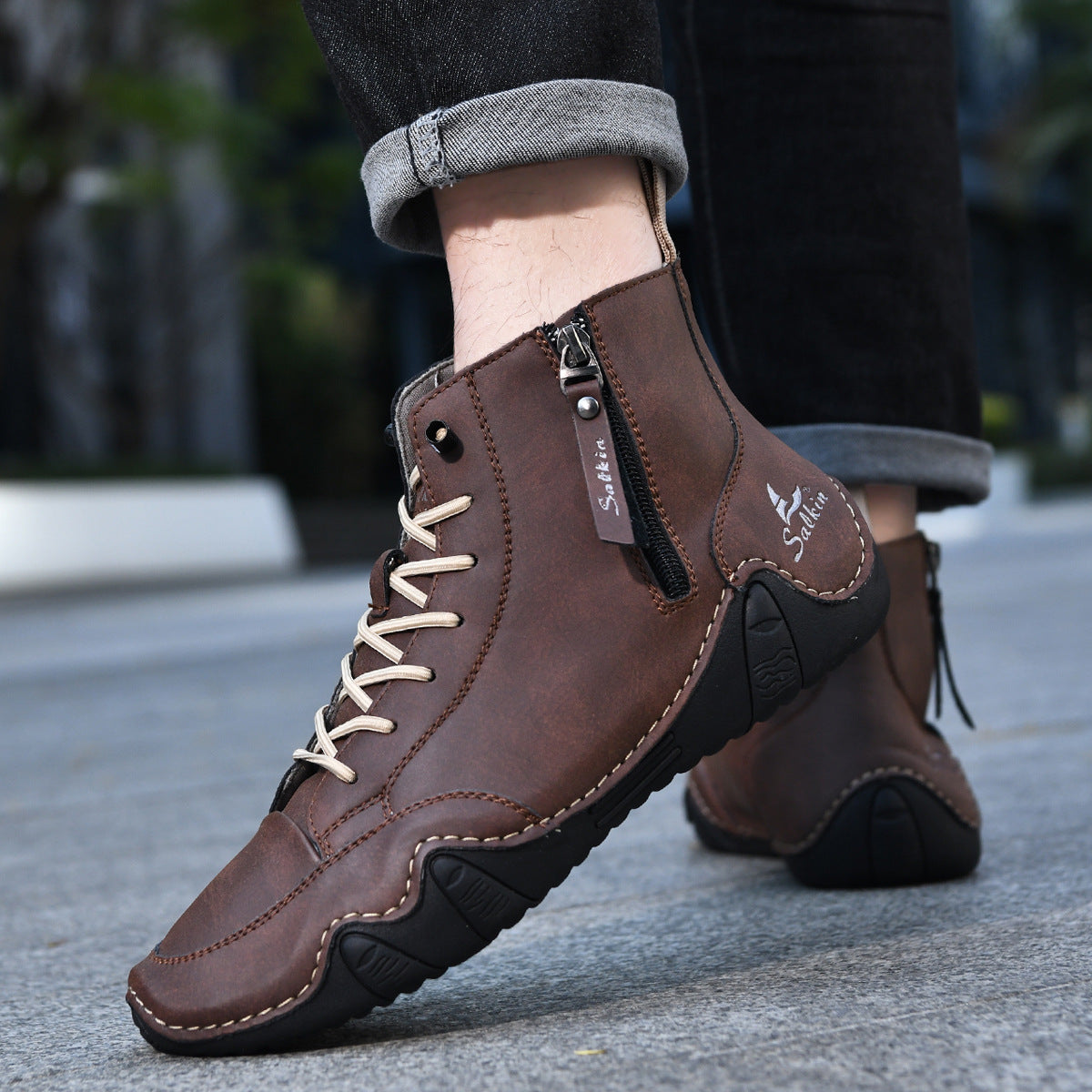 Men's Combat Boots - High Top Lace-Up with Side Zip