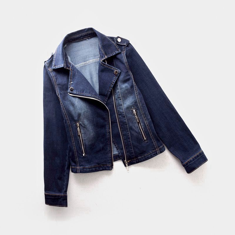 Women's Denim Jacket - Biker Style with Asymmetric Zip - Lapel Collar and Zip Pockets