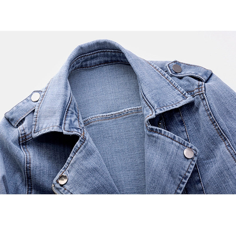 Women's Denim Jacket - Biker Style with Asymmetric Zip - Lapel Collar and Zip Pockets
