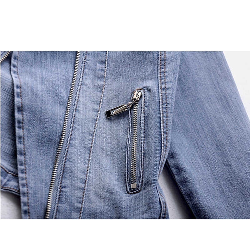 Women's Denim Jacket - Biker Style with Asymmetric Zip - Lapel Collar and Zip Pockets