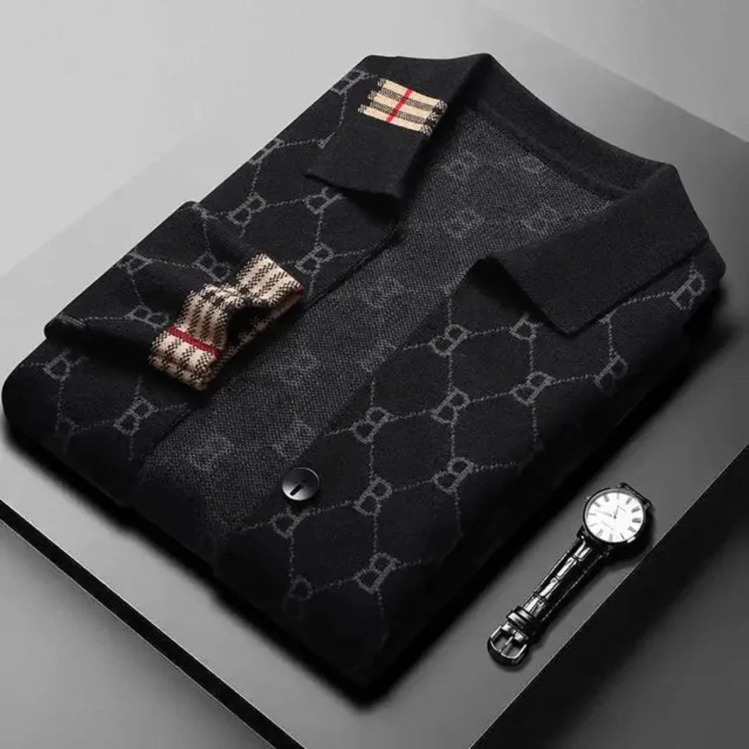 Men's Knit Cardigan - Button-Up Shirt Collar with All-Over Print - Contrast Check Cuffs and Patch Pockets
