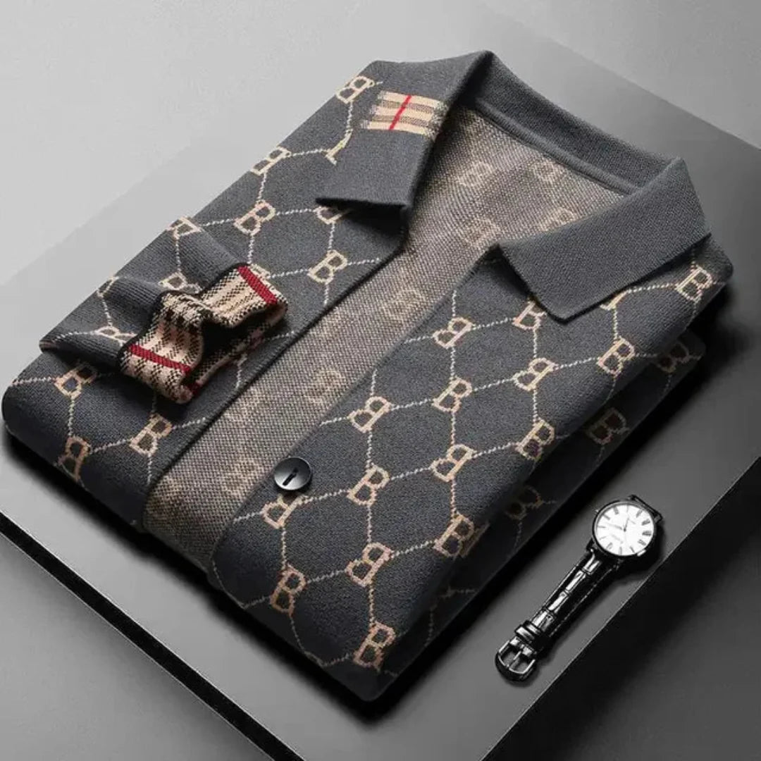 Men's Knit Cardigan - Button-Up Shirt Collar with All-Over Print - Contrast Check Cuffs and Patch Pockets