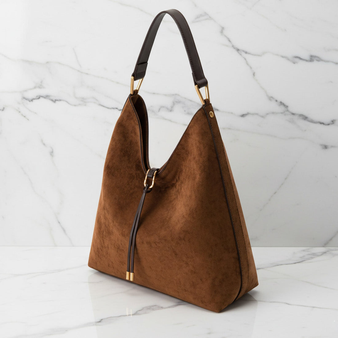 Women’s Slouchy Hobo Bag – Shoulder Bag with Drawstring Detail and Gold Tone Hardware