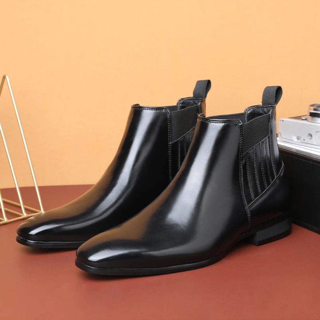 Men's Dress Chelsea Boots - Square Toe Slip-On with Elastic Panel - Low Heel and Pull Tab