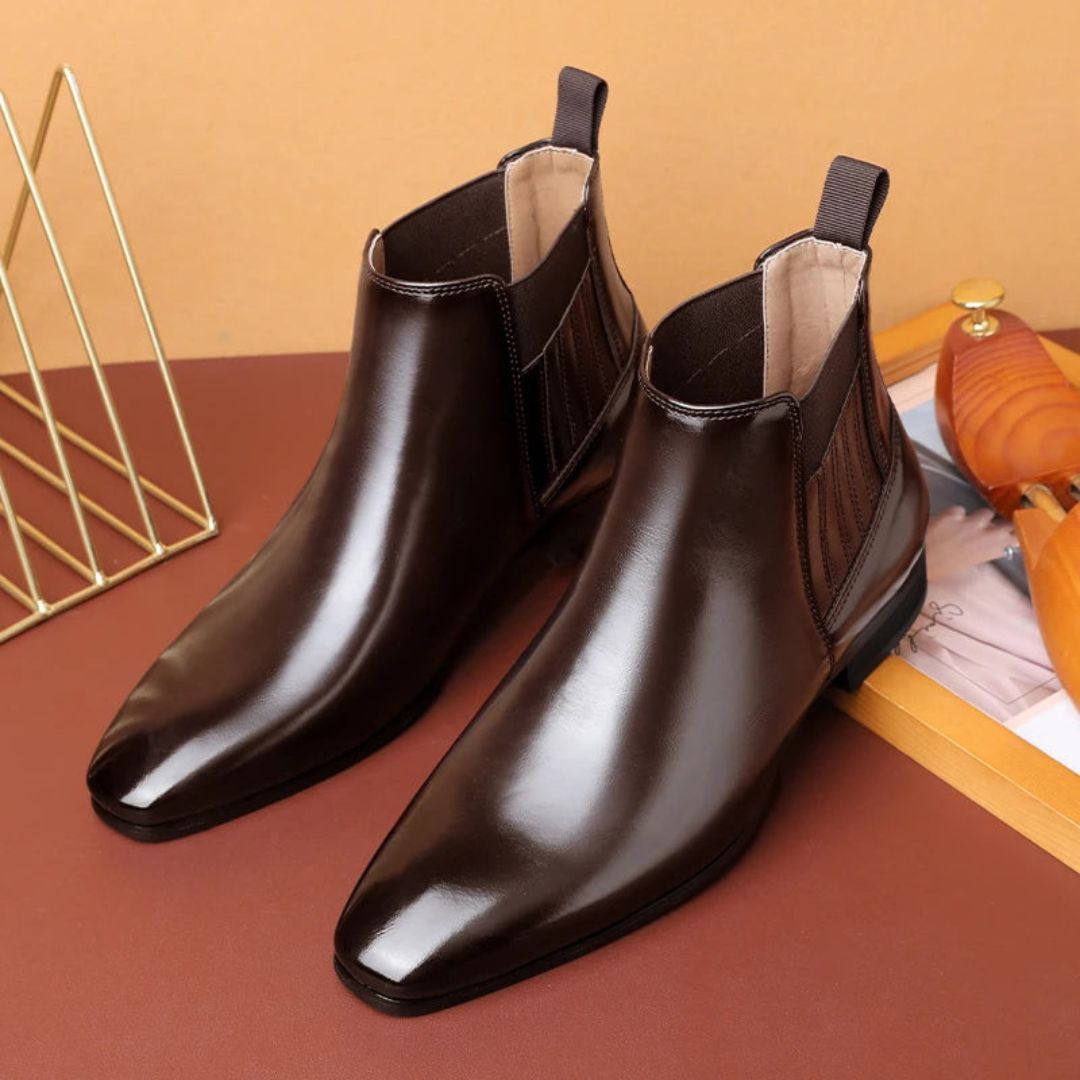 Men's Dress Chelsea Boots - Square Toe Slip-On with Elastic Panel - Low Heel and Pull Tab