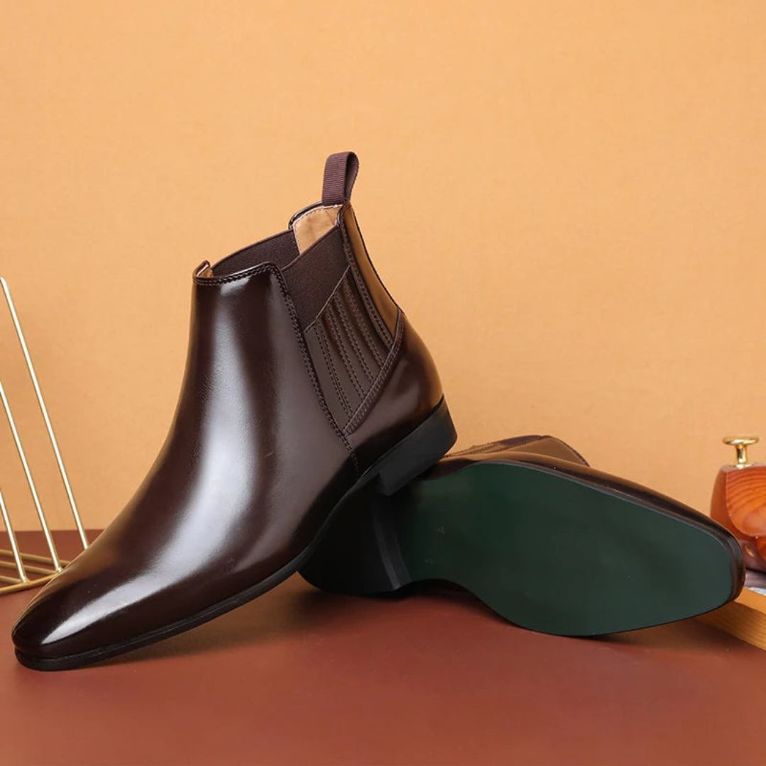 Men's Dress Chelsea Boots - Square Toe Slip-On with Elastic Panel - Low Heel and Pull Tab