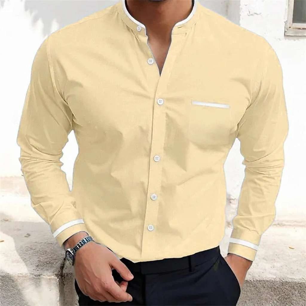 Men's Long Sleeve Shirt - Band Collar - Contrast Trim Detail