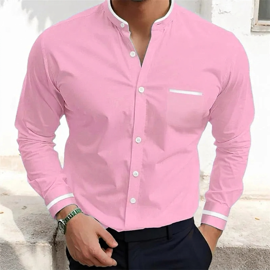 Men's Long Sleeve Shirt - Band Collar - Contrast Trim Detail
